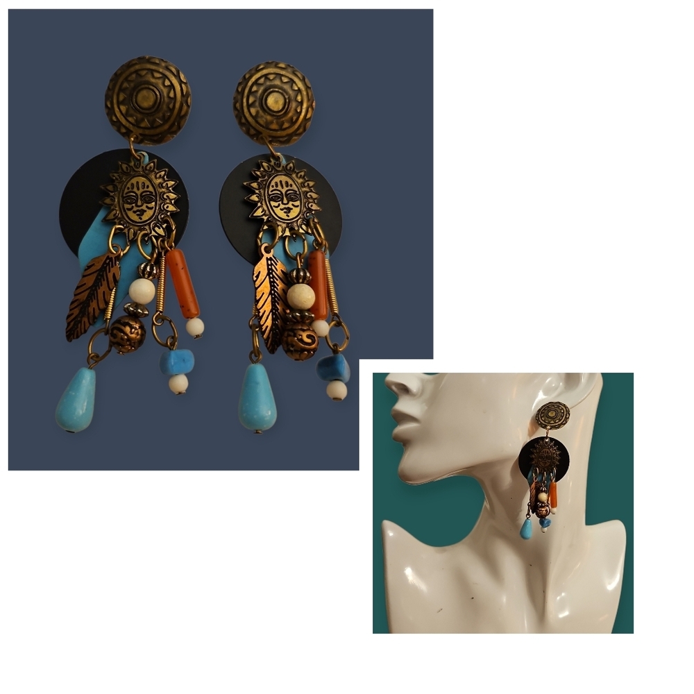 Vtg NEWPRO 1980s Boho Southwestern Sun Feather Festival Dangle Earrings